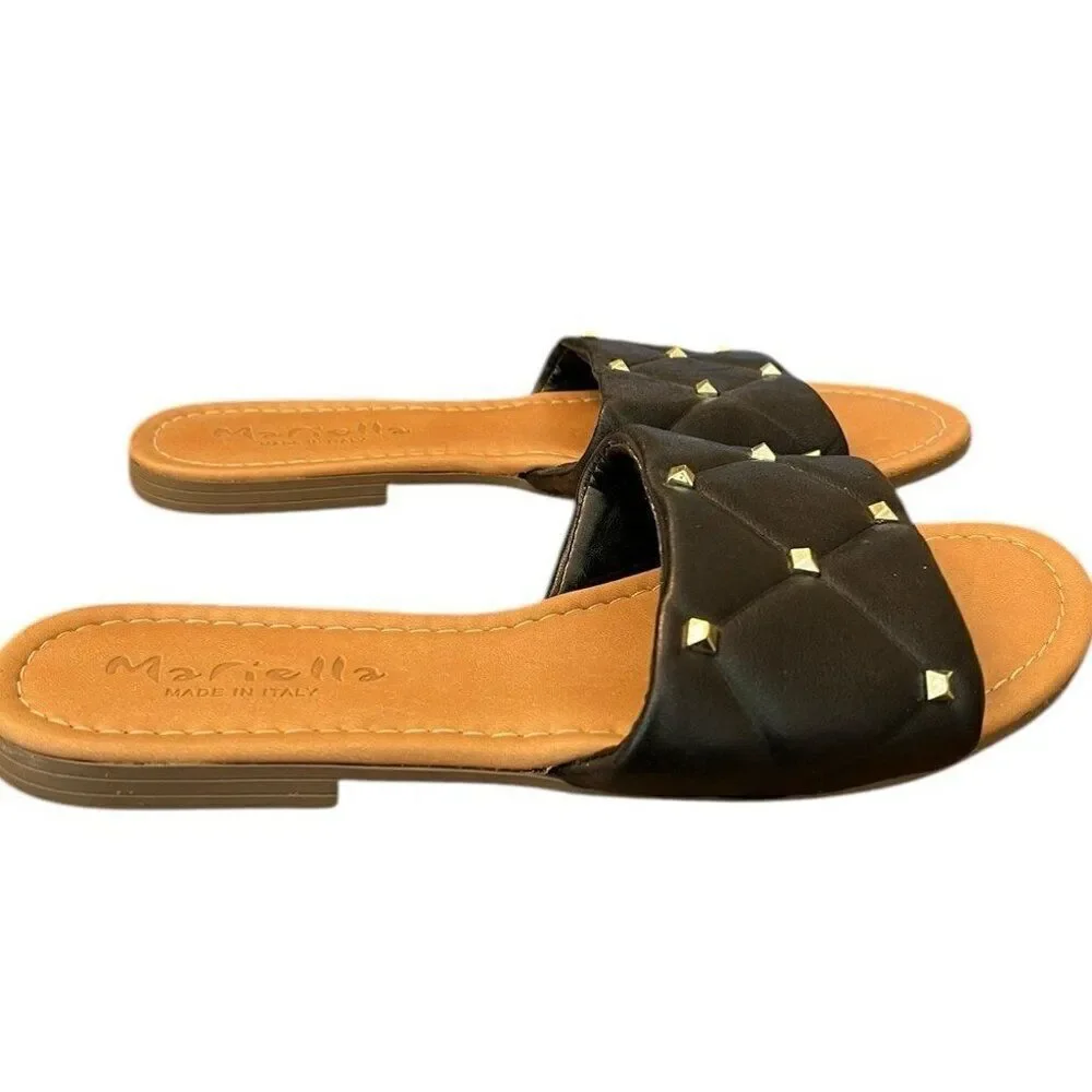 Mariella Womens Size 9 Black Gold Studded Slide Quilted Flat Sandals Italy
